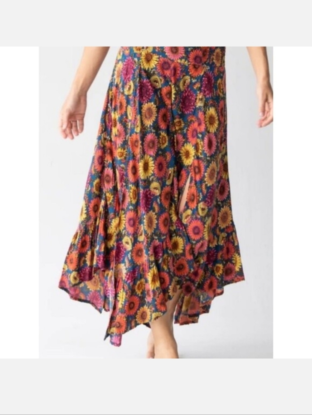 NATURAL LIFE Sunflower Print Asymmetrical Floral Midi Skirt Size Small